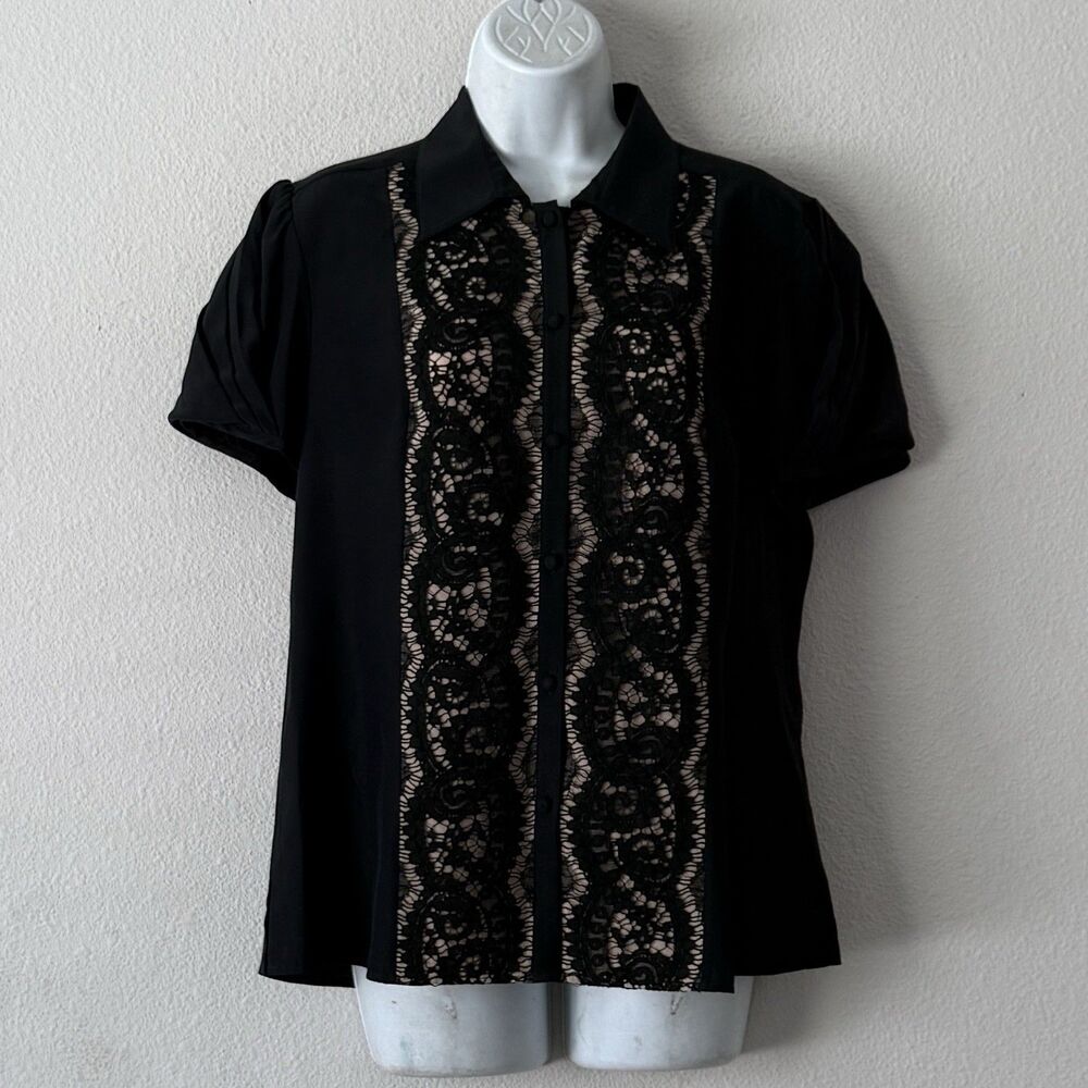 Lafayette 148 New York Silk Top Black Lace Panel Puff Sleeve Button Blouse Sz L